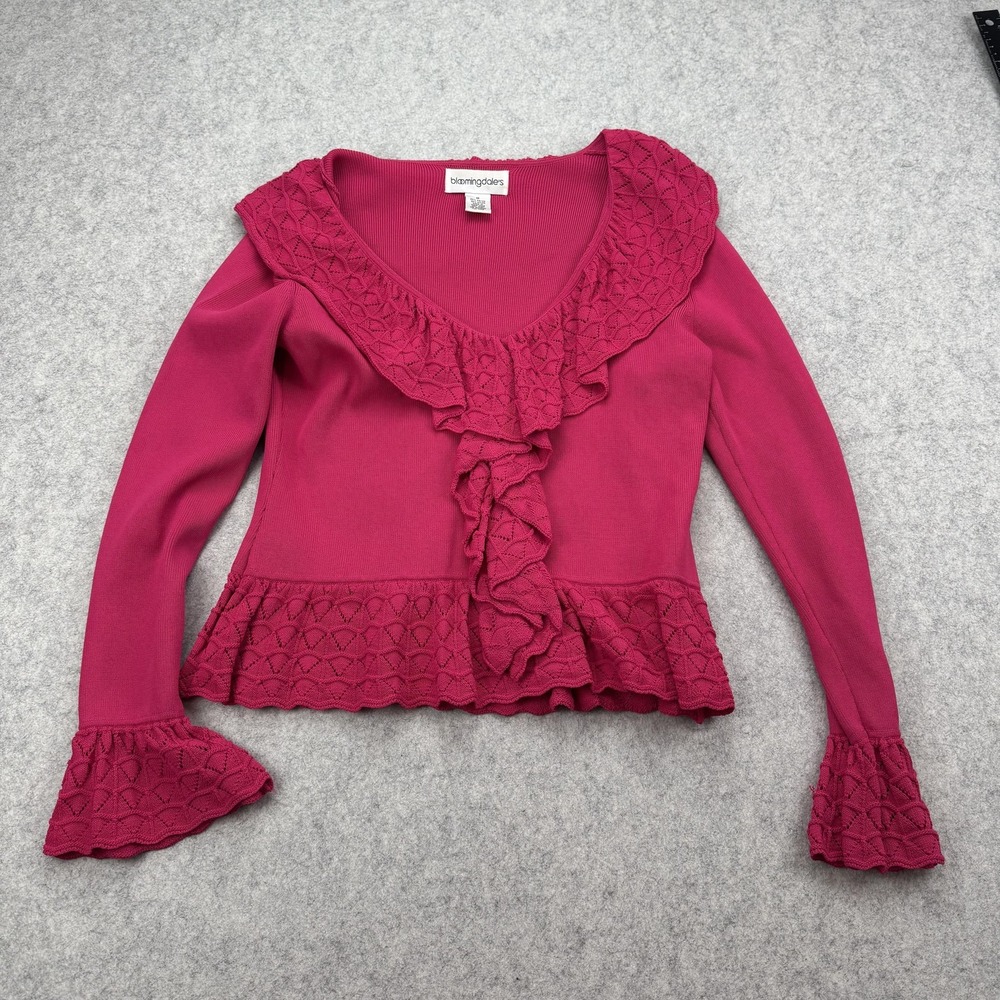 Bloomingdale's Sweater Womens Medium Pink Ruffle V Neck Bell Sleeve Peplum Knit
